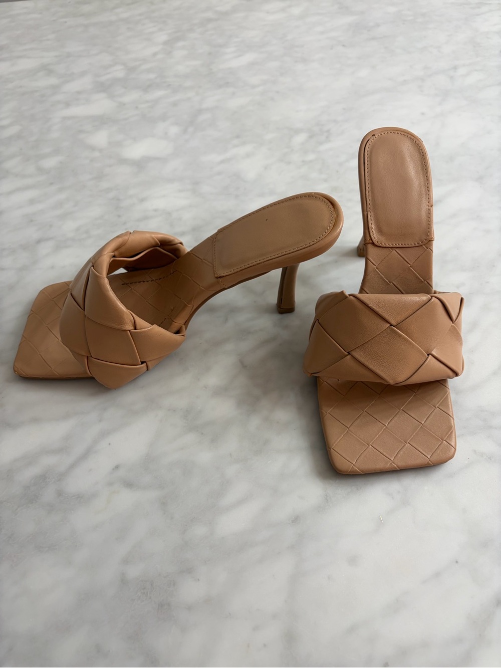 Woven Square-Toe Tan Slide Heels - Women Shoes